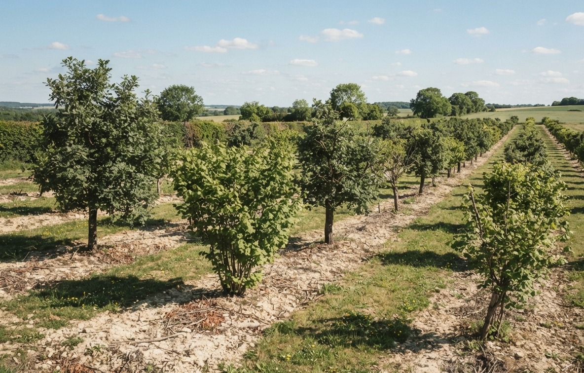 Rangs alternés de chênes et de noisetiers truffiers adultes dans une plantation mixte, vus en diagonale