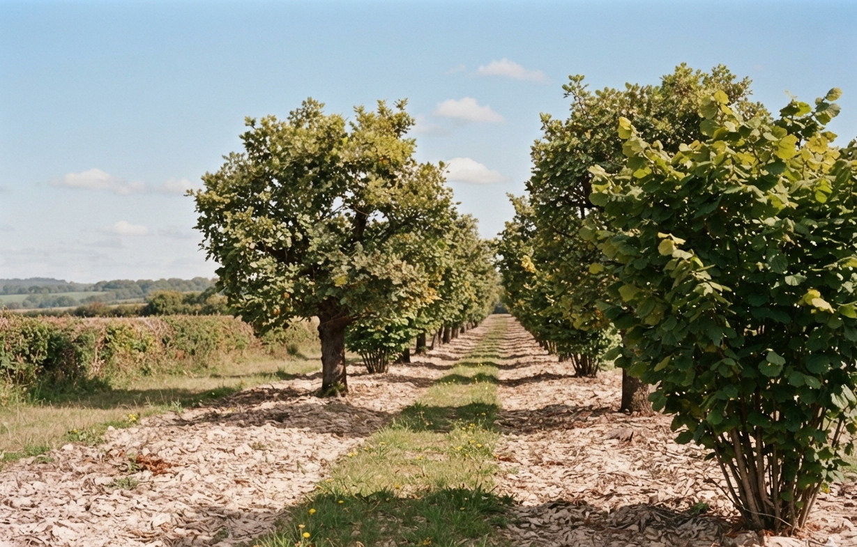 Plantation mixte de chênes et de noisetiers truffiers en rangs